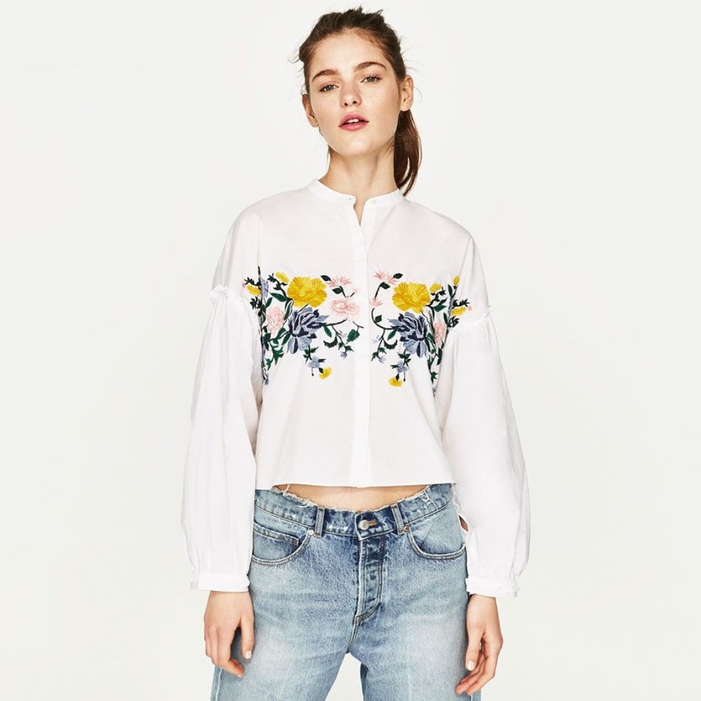 Zara White Floral Embroidered Blouse